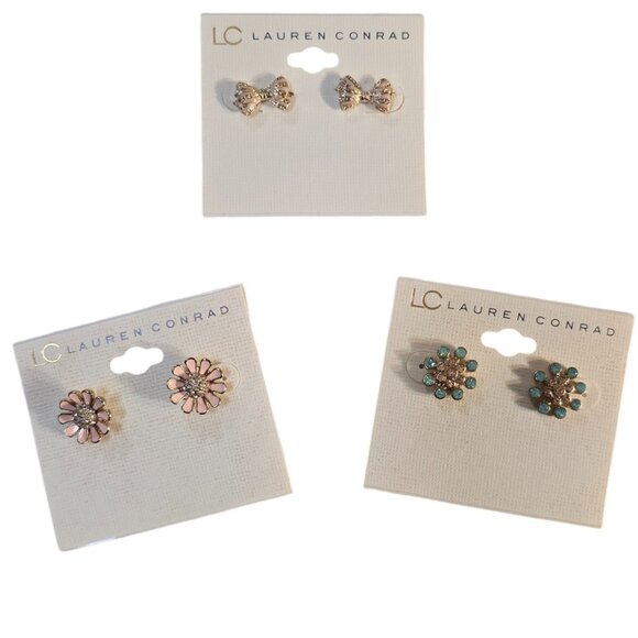LC Lauren Conrad Stud Earrings Bundle of 3 Pairs Bow, Flower NWT - Picture 1 of 4